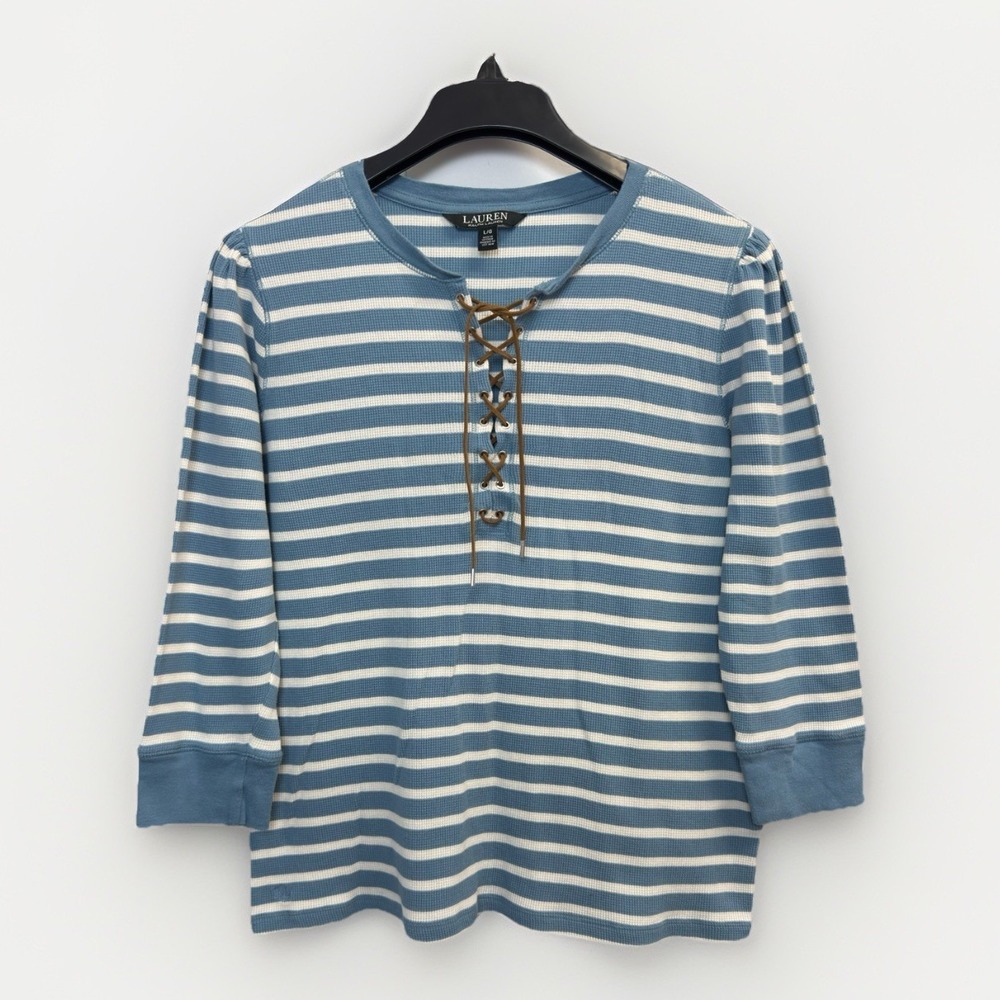 Lauren Ralph Lauren Women's Size L Blue Striped Cotton Waffle-Knit Lace-Up